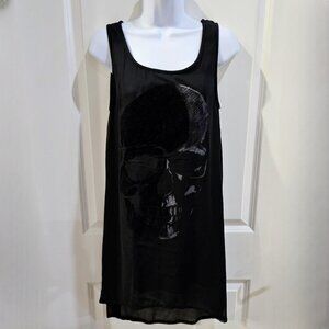 Retro Doll Black Sleeveless Skull Tank Dress – High-Low Hem, Sheer Layer – S